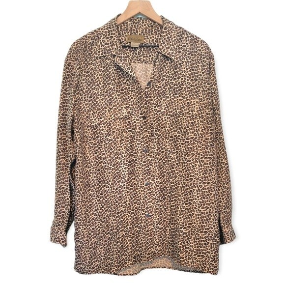 Vintage Tops - Cote de France Vintage 100% Silk Leopard Print Button Up Blouse Size Large